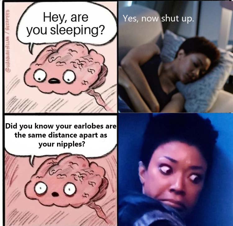 The meme is a humorous take on a person's response to being asked if they're sleeping. The image features a cartoon brain with a surprised expression, accompanied by the text "Hey, are you sleeping?" and the response "In 2-3 sentences, describe this meme for someone who cannot see it. The meme is a humorous take on a person's response to being asked if they're sleeping. The image features a cartoon brain with a surprised expression, accompanied by the text "Hey, are you sleeping?" and the response "No, I'm just thinking about how your earlobes are the same distance apart as your nipples."